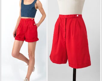 80s Red High Waisted Pleated Shorts | Thermo Jac Cherry Red Soft Poly Cotton Button Tab Shorts | 25 Waist