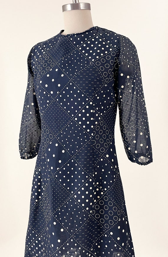 60s Mod Patchwork Print Shift Dress | Navy Blue P… - image 4