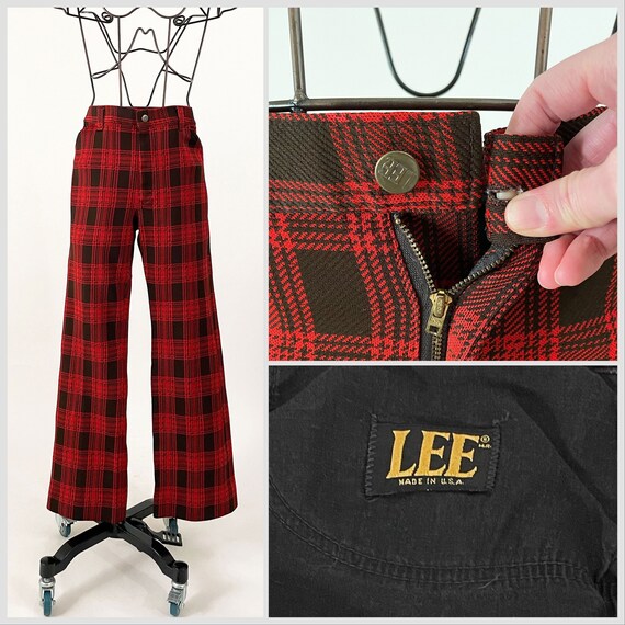 70s Lee Red Plaid Flare Pants | Vintage Lee  Doub… - image 1