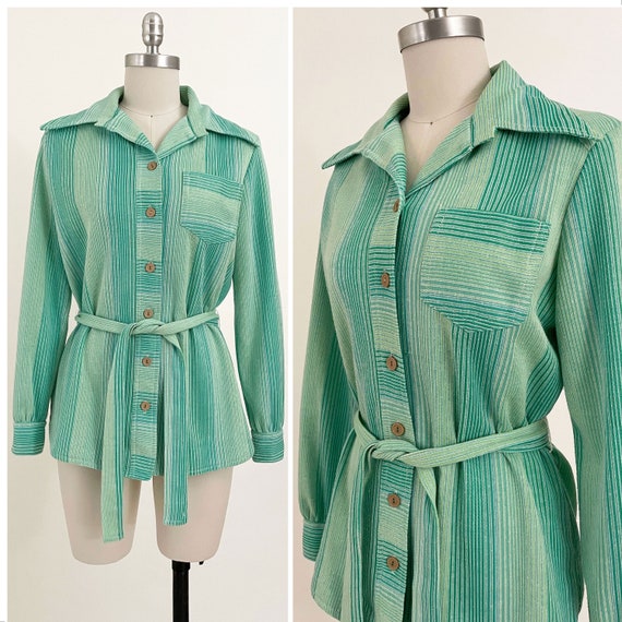 70s Seafoam Green Striped Belted Blouse | Blue Gr… - image 1