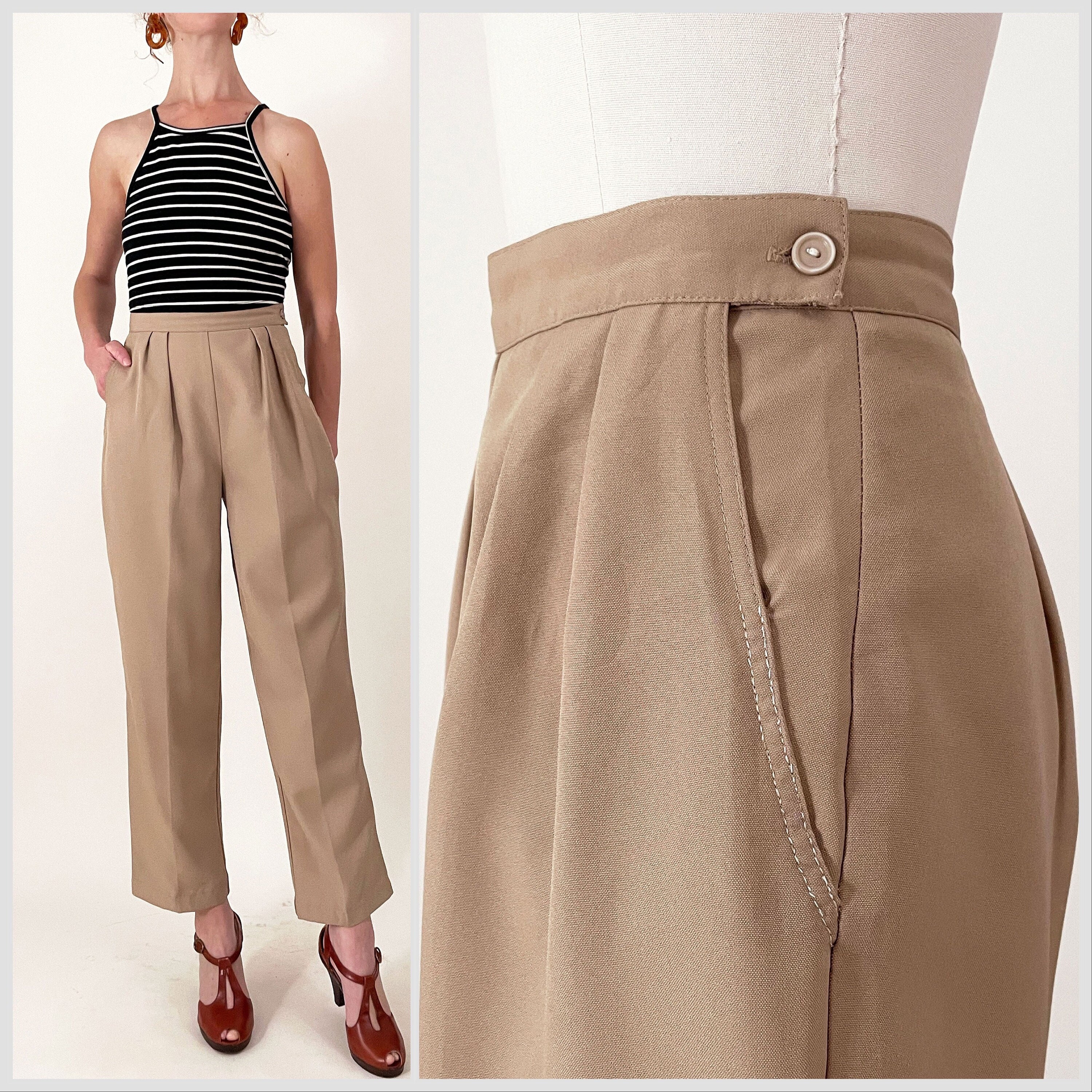 80s Khaki Pleated High Waisted Trousers | Union Made Beige
