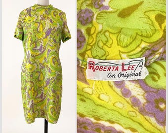 60s Lime Green Paisley Psych Dress | Roberta Lee Volup Neon Psychedelic Abstract Print Dress | XL