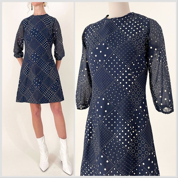 60s Mod Patchwork Print Shift Dress | Navy Blue P… - image 1