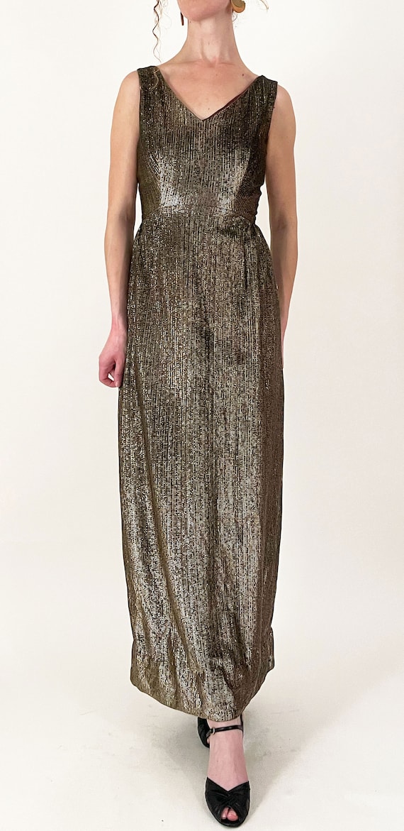 70s Gold Metallic Gown | Gold Lurex V-Back Maxi D… - image 2