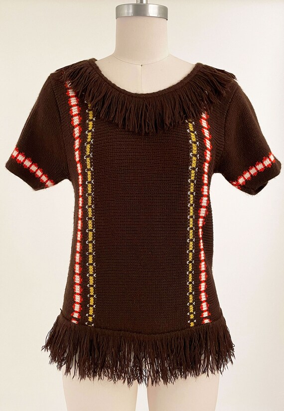 60s 70s Brown Acrylic Knit Fringe Sweater | By Ca… - image 3