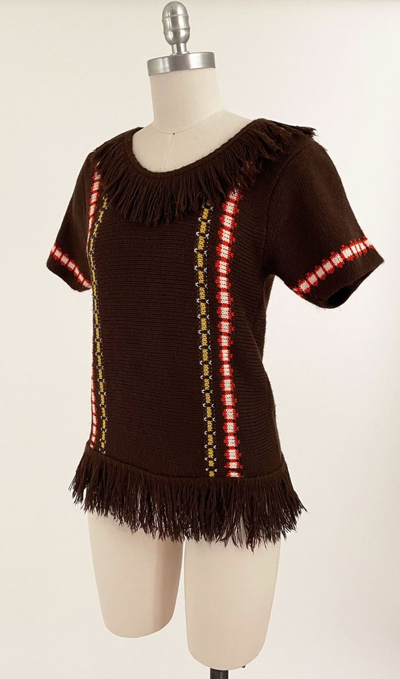 60s 70s Brown Acrylic Knit Fringe Sweater | By Ca… - image 6
