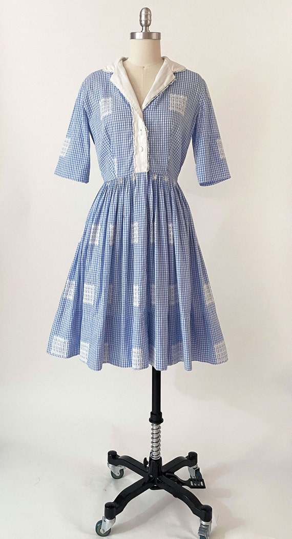 1950s Julie Miller Blue Gingham Day Dress | Croch… - image 2