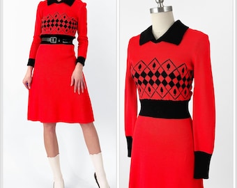 60s Mod Red and Black Knit Dress | Roncelli Acrylic Wool Long Sleeve Sweaterdress | XS / Small