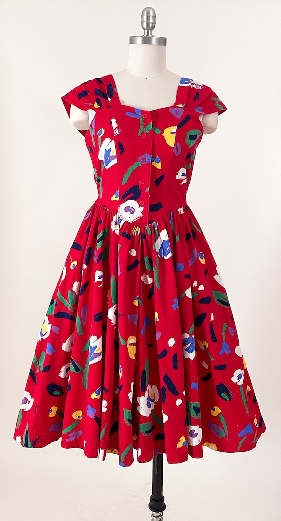 80s Robbie Bee Abstract Midi Dress | Red Abstract… - image 2