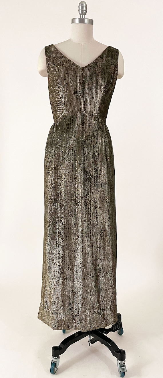 70s Gold Metallic Gown | Gold Lurex V-Back Maxi D… - image 3