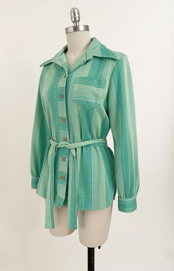 70s Seafoam Green Striped Belted Blouse | Blue Gr… - image 3