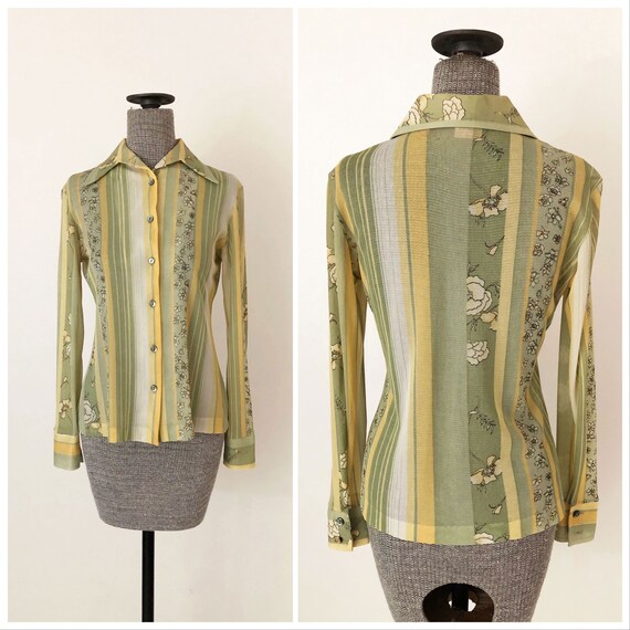 1970s Pistachio Green Mesh Floral Striped Button D
