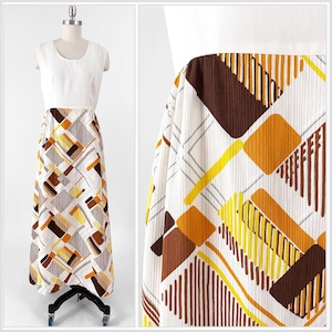 70s Abstract Color Block Maxi Dress | Warm Tone Abstract Geometric Boho Hostess Dress | Medium