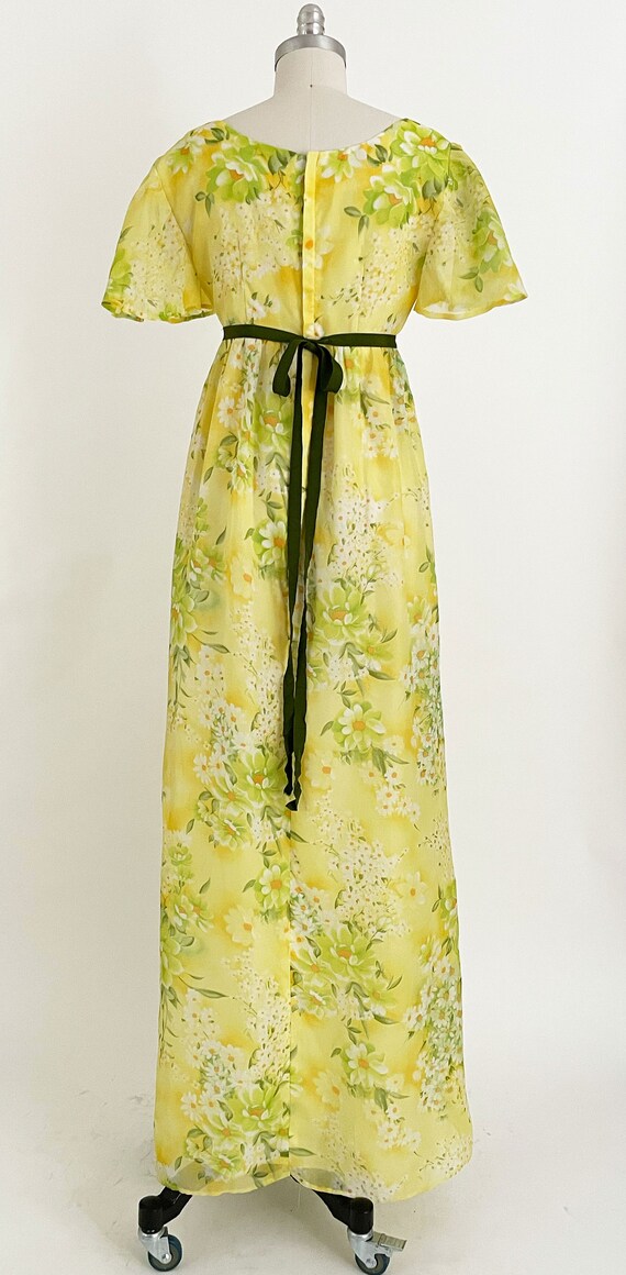 1970s Yellow Floral Empire Waist Gown with Ribbon… - image 4