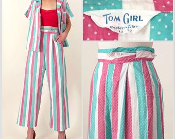 1940s Pajama Lounge Set | Tom Girl Eastern Isles High Waisted Wide Leg Pants and Button Down Blouse Loungewear Matching Set | Small