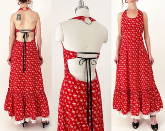 70s Red Floral Corset Back Halter Dress | Boho Prairie Backless Floral Eyelet Maxi Dress | Medium