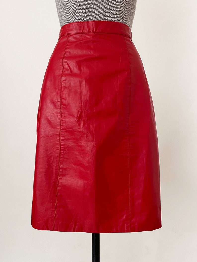 Small 80s Red Leather Pencil Skirt High Waisted Above The Knee Red Leather Skirt S 26 Waist