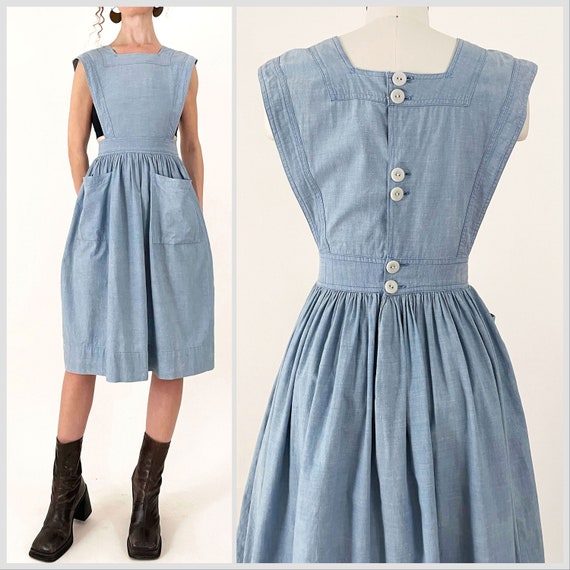 1940s Chambray Apron Dress | Selvedge Chambray Bu… - image 1