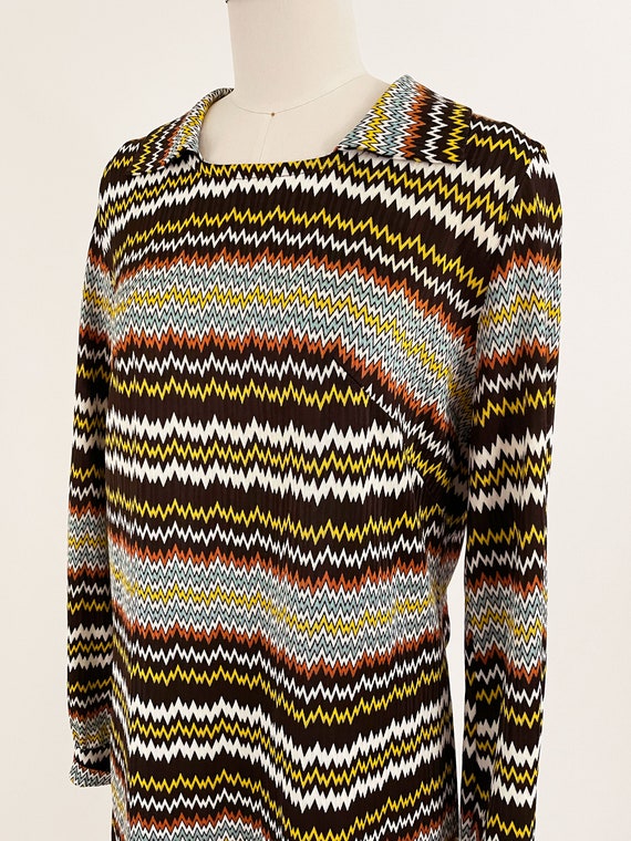 60s Abstract Zig Zag Psychedelic Shift Dress | Te… - image 3