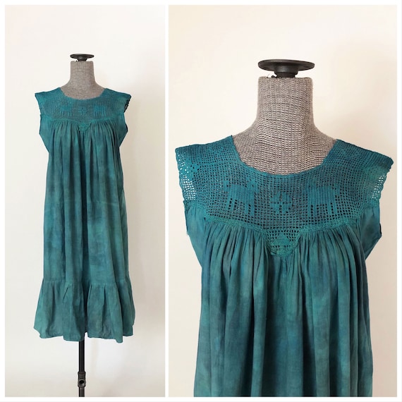 1970s Central American Turquoise Crochet Gauze Dre