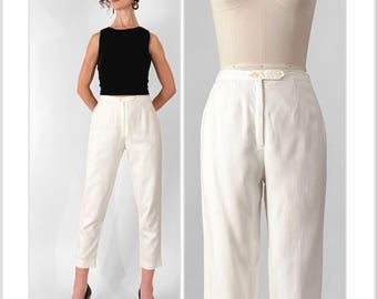 Vintage 1950s Capri Pants White Sharkskin Fabric Metal