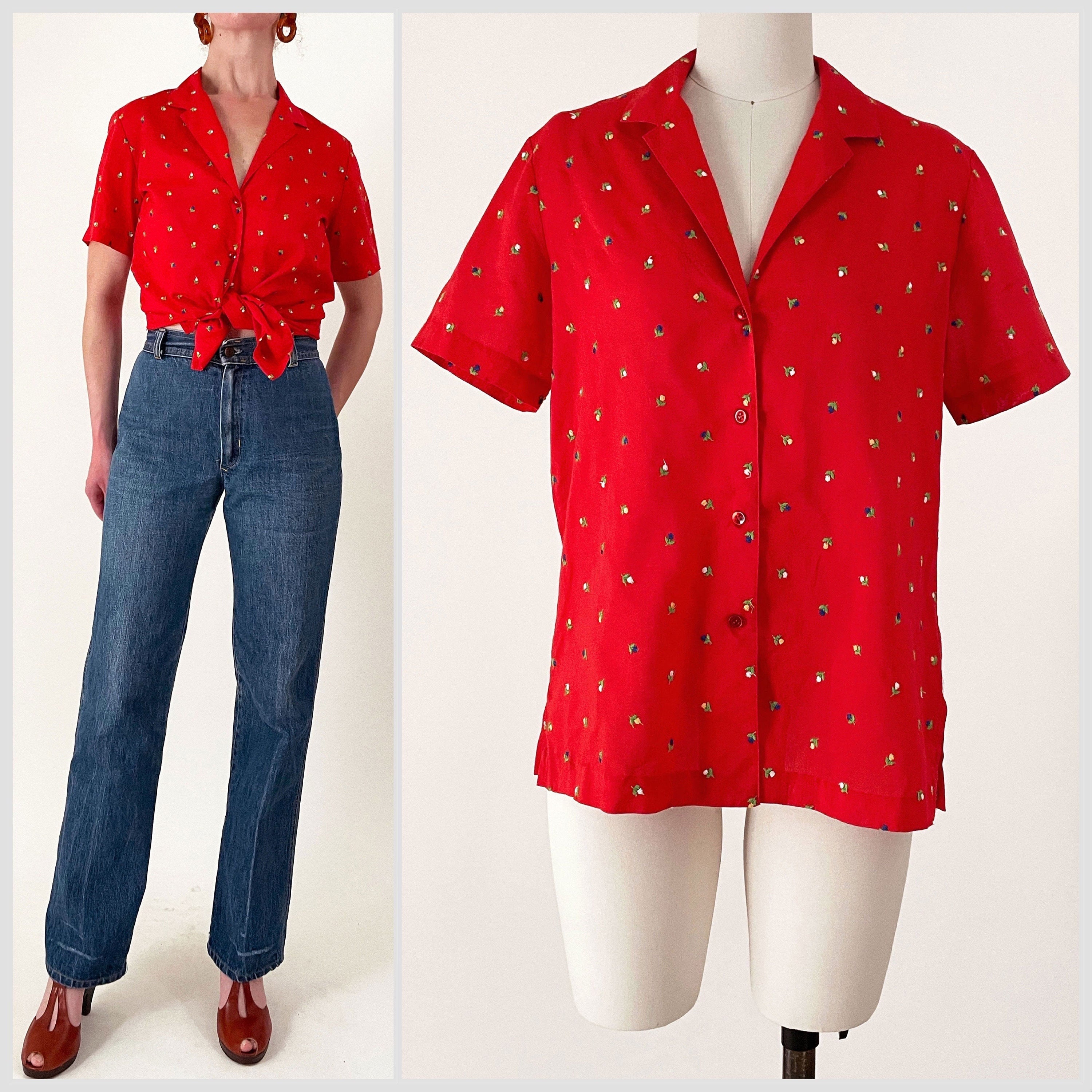 Retro Red Floral Embroidered Blouse Set