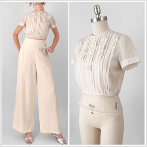 50s Sheer White Lace Peplum Blouse | Mel Hahn and Gilbert Nylon Button Back Top
