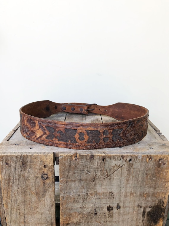 40s 50s Tooled Leather Belt with Initials | Tooled