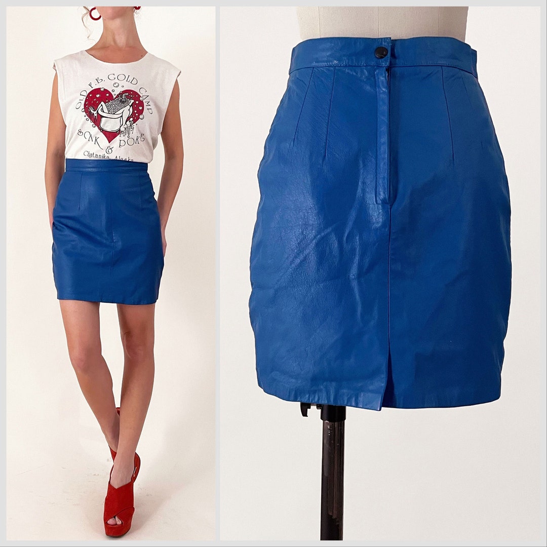 80s Blue Leather Pencil Skirt Cobalt Blue High Waisted Etsy