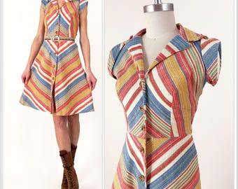 70s Chevron Woven Button Front Dress | Boho Rainbow Striped 70s A Line Day Dress | XS
