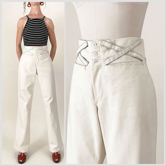 70s White Canvas Sailor Pants | High Waisted Criss Cross Wide Leg 