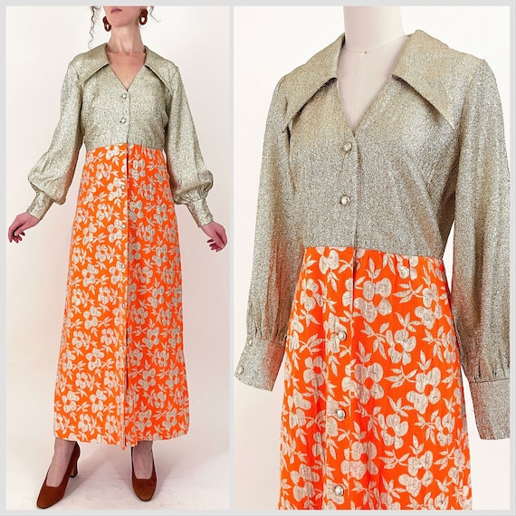 60s 70s Gloria Moret Metallic Floral Maxi Dress Holly Gloria Moret Orange Gold Metallic Bishop Sleeve Hostess Dress Medium Etsy