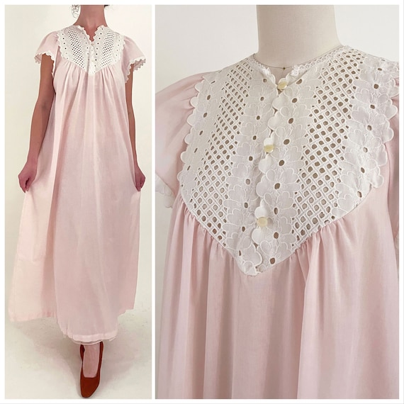 80s Ilise Stevens Pink Cutwork Embroidered Nightg… - image 1