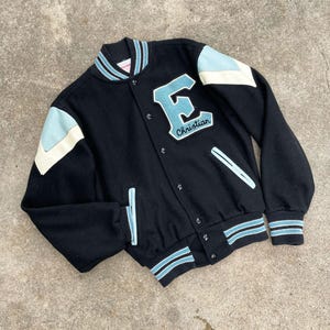Vintage Wool and Leather Chainstitch Varsity Jacket | Black and Blue Wool Leather Embroidered Snap Button Letterman Jacket | Small / Medium
