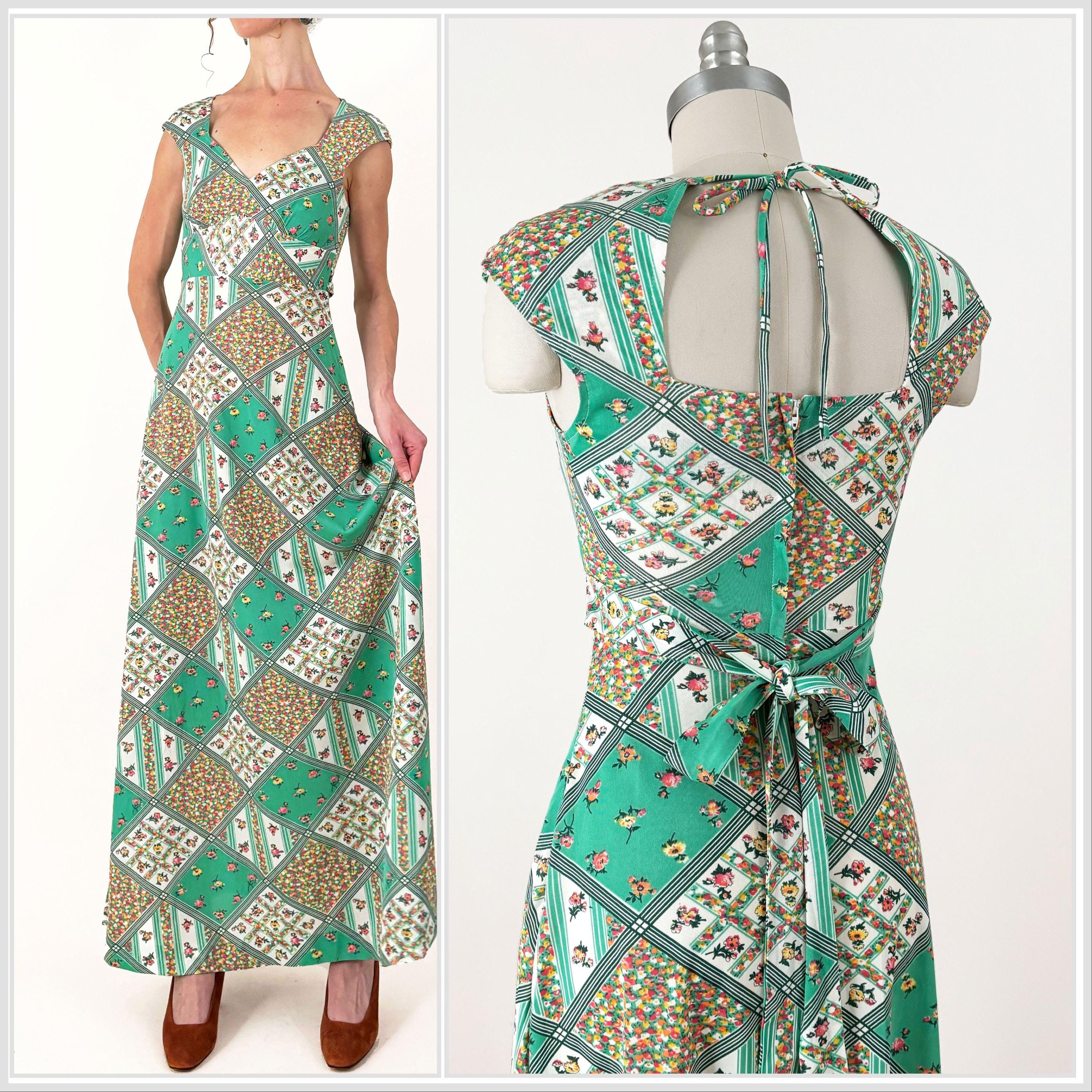 70s Boho Floral Patchwork Maxi Dress | Mint Green Keyhole Backless Maxi Dress | XXS / XS