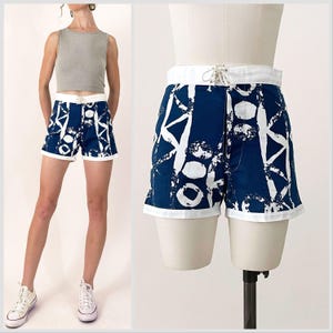60s Menswear Tiki Print Cabana Shorts | Navy Blue Lace Up Board Shorts | Surf Beach Shorts | XS / Small