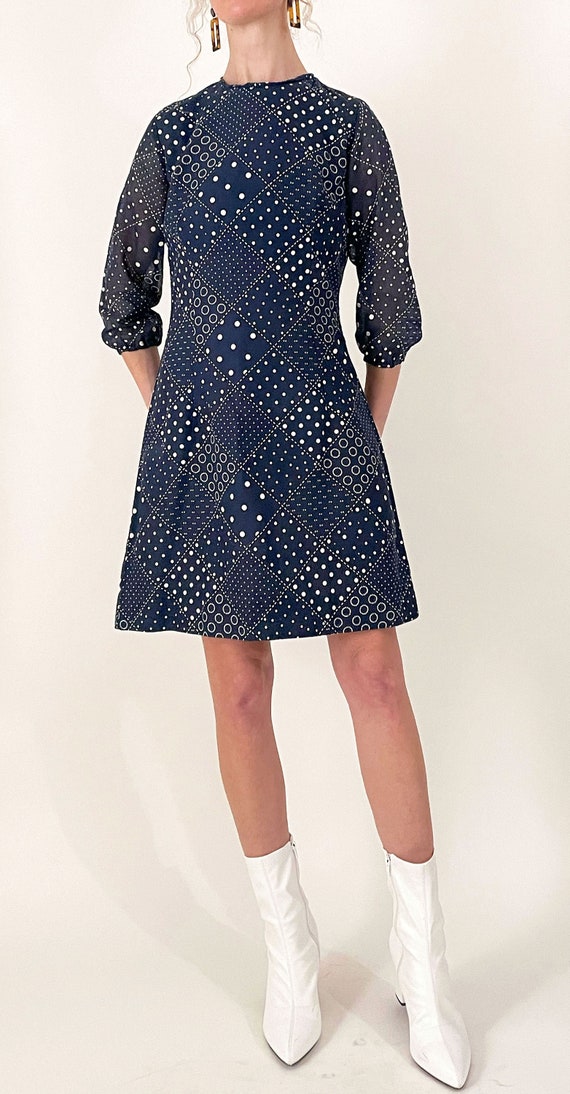 60s Mod Patchwork Print Shift Dress | Navy Blue P… - image 2