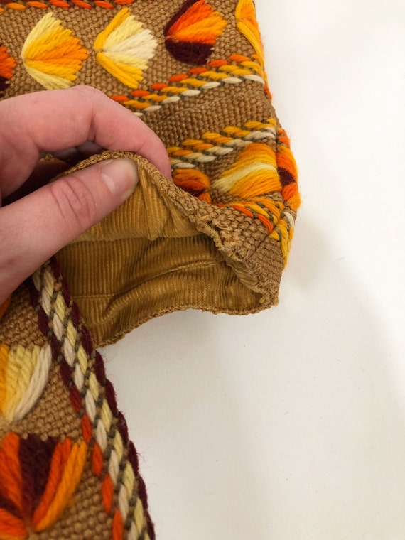 60s 70s Orange Embroidered Burlap Handbag | Boho … - image 7