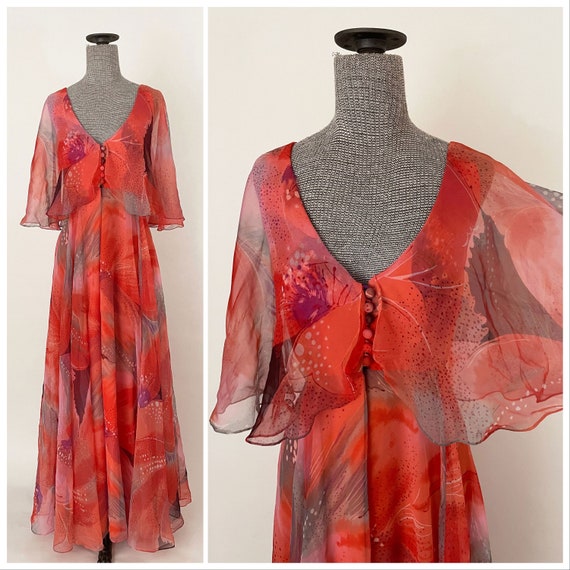 1970s Jack Bryan Pink Chiffon Flutter Sleeve Gown