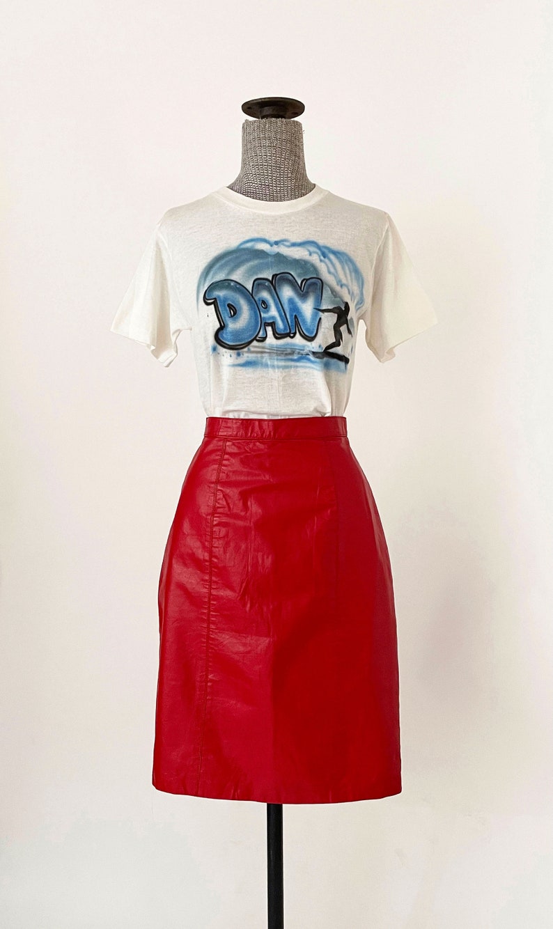 Small 80s Red Leather Pencil Skirt High Waisted Above The Knee Red Leather Skirt S 26 Waist