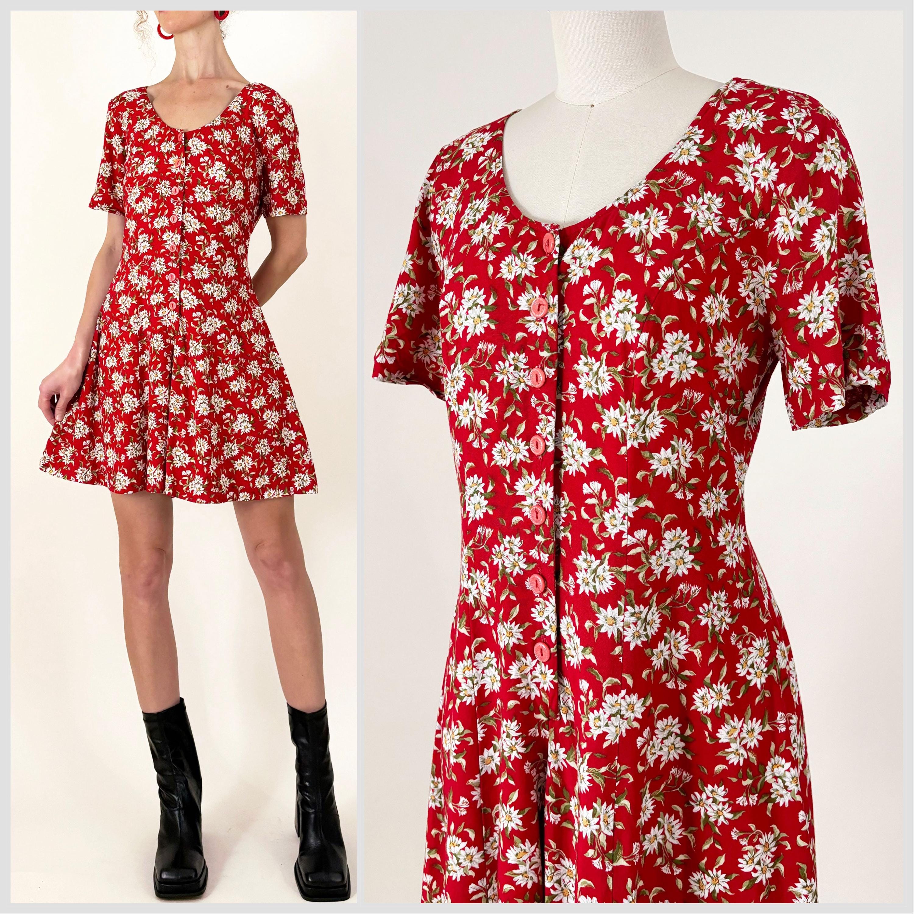 90s Red Floral Romper | Express Rayon Wide Leg Button Front