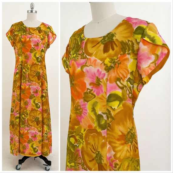 60s 70s Gold Floral Maxi Dress | Silky Watercolor 