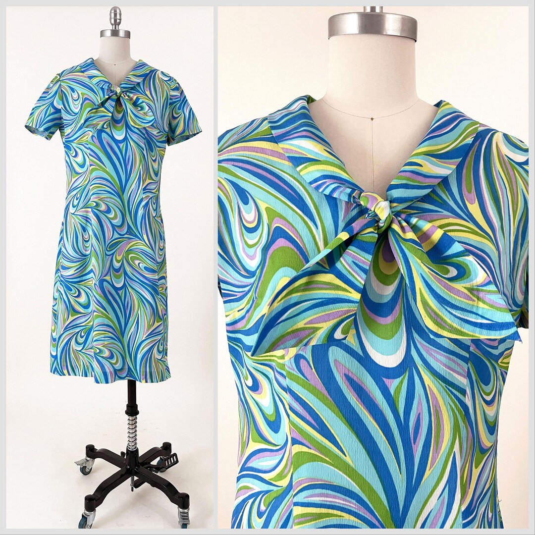 60S 70S VINTAGE PSYCHEDELIC GREEN BLUE COTTON SILKY MINI DRESS 6 main image 1