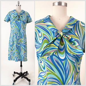 60s Psychedelic Swirl Print Dress | Blue Green Abstract Op Art Psych Dress | Large