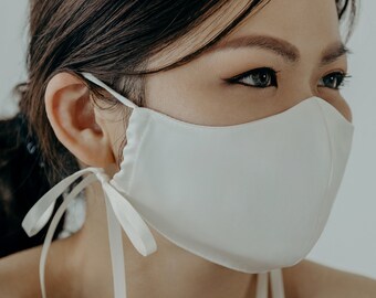 Luxurious Satin Artisan Face Mask with Ribbon Ties and 100% Pure Silk Lining • Elyn Tang Bridal