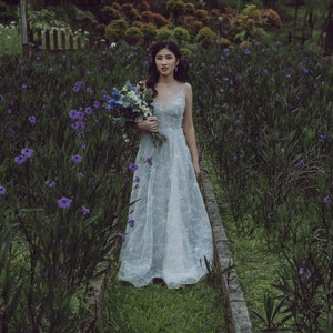 Sweet Pale Grey and Embroidery Lace Organza A-Line Wedding Dress with Applique, Rhinestone & Beading Details • HERMIA by Elyn Tang Bridal