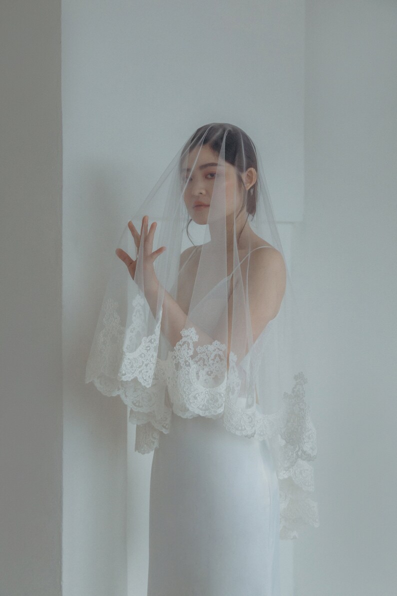 Classic Mantilla Fingertip Length Veil \u2022 Elyn Tang Bridal