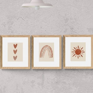 Boho Picture Trio, Digital Watercolor, Digital Art, Rainbow, Hearts, Sunshine, Boho Aesthetic, Nursery Decor