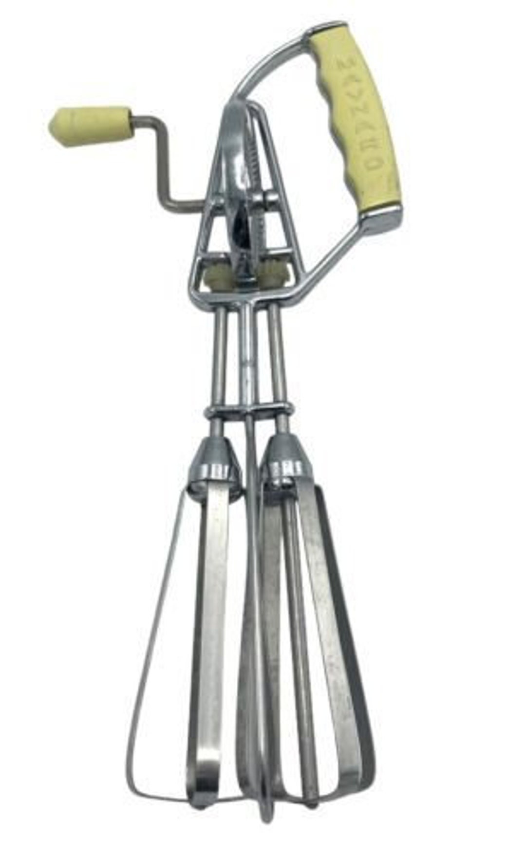 Vintage Maynard Egg Beater Hand Mixer Whisk Yellow Bakelite Handle