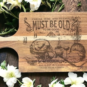Engraved Acacia Wood Cutting Board: Cheese, Wine & Friends
